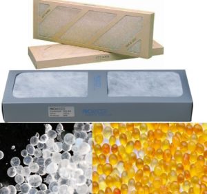 Différents types de gel de silice, incluant des billes blanches et colorées, disponibles en granulométries variées. Ces gels de silice sont présentés sous forme de sachets, vrac en seaux ou cartouches, adaptés à de multiples applications comme la protection contre l'humidité dans l'industrie, les musées, le transport et les laboratoires.